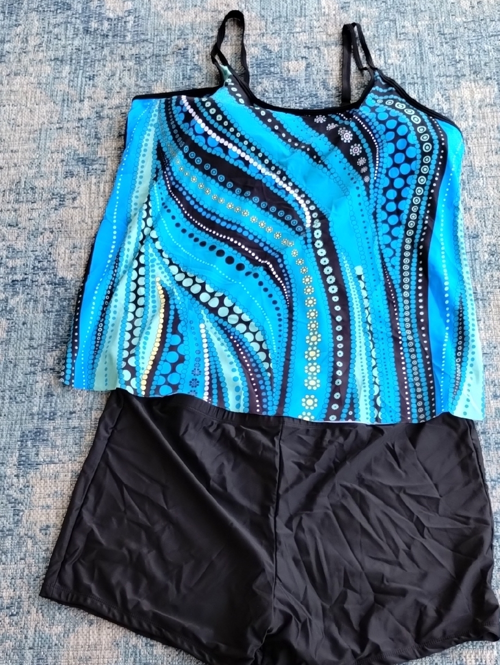 Women's Size 5X Swimsuit Cyan Blue Patterned Tankini Top with Black Swim Shorts